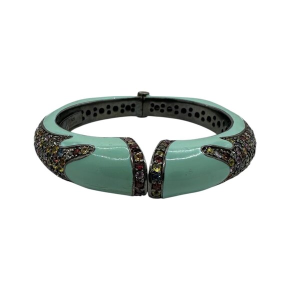 Rina Limor Off Turquoise Enamel Bracelet 925 Sterling Silver Clamper Bangle - Picture 1 of 5